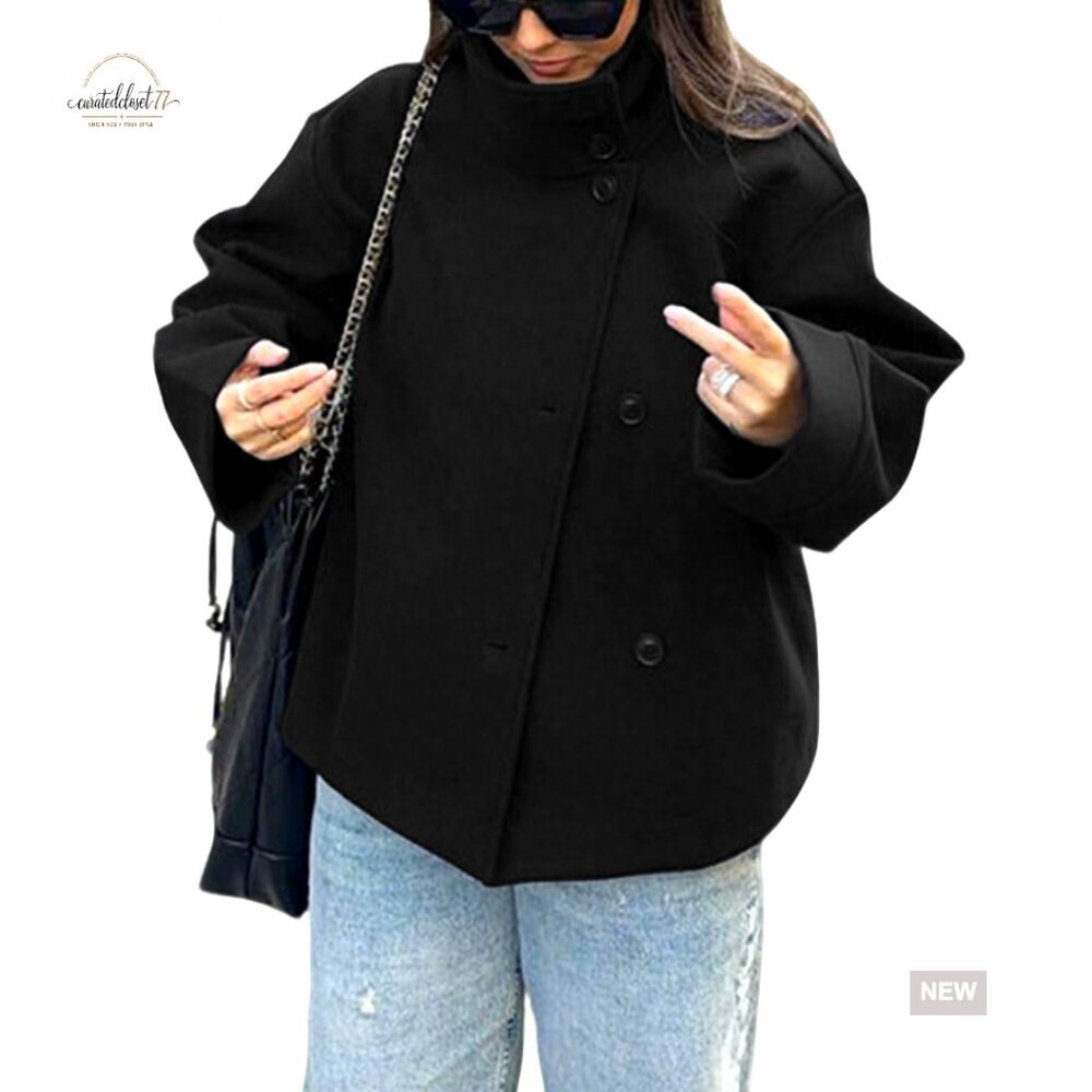 Wool Blend Pea Coat Crop Jacket Loose Fit Winter Casual Outwear